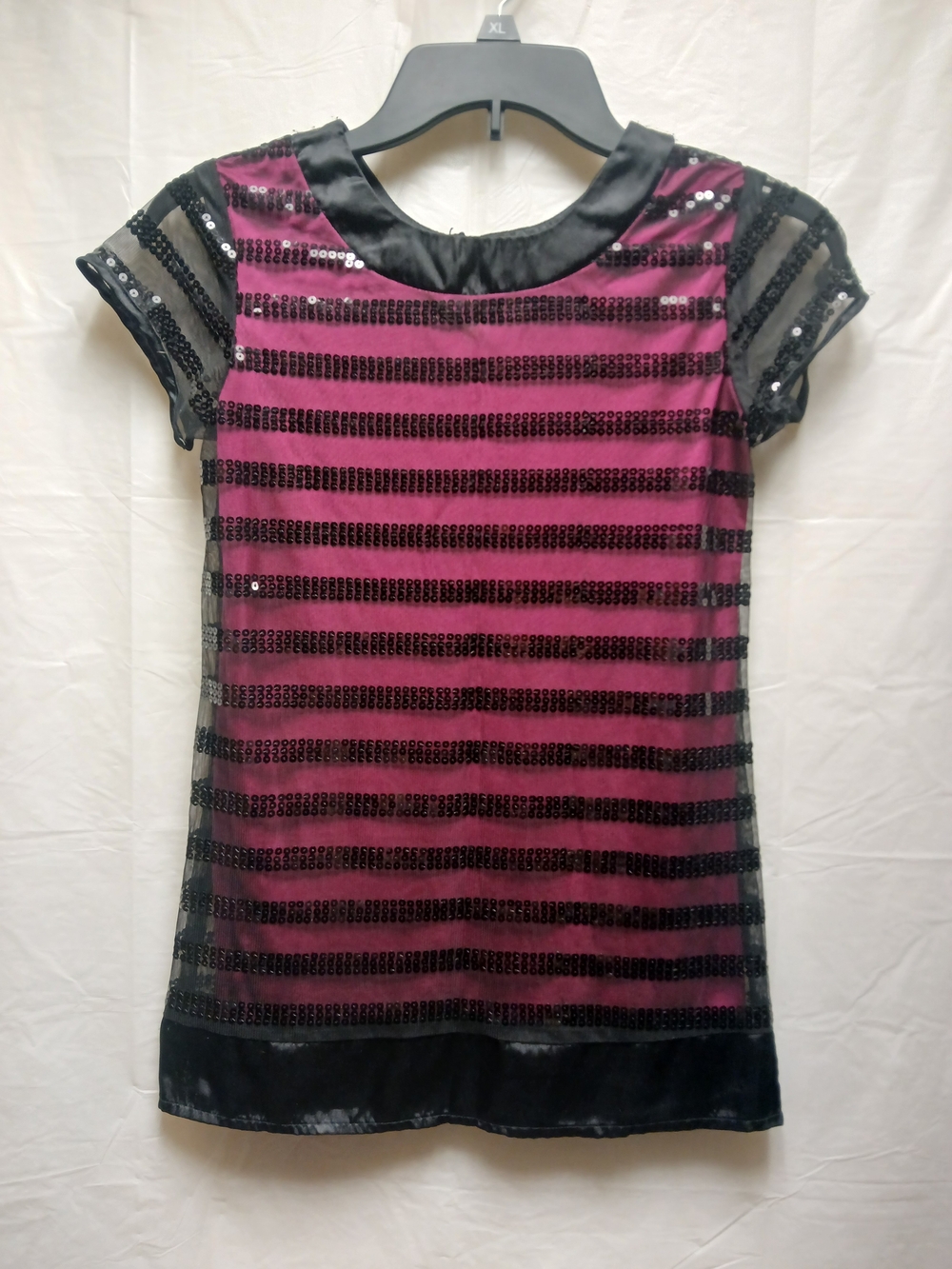 Candie's Fushia and Black Striped Sheer Sequin Short Sleeve Top